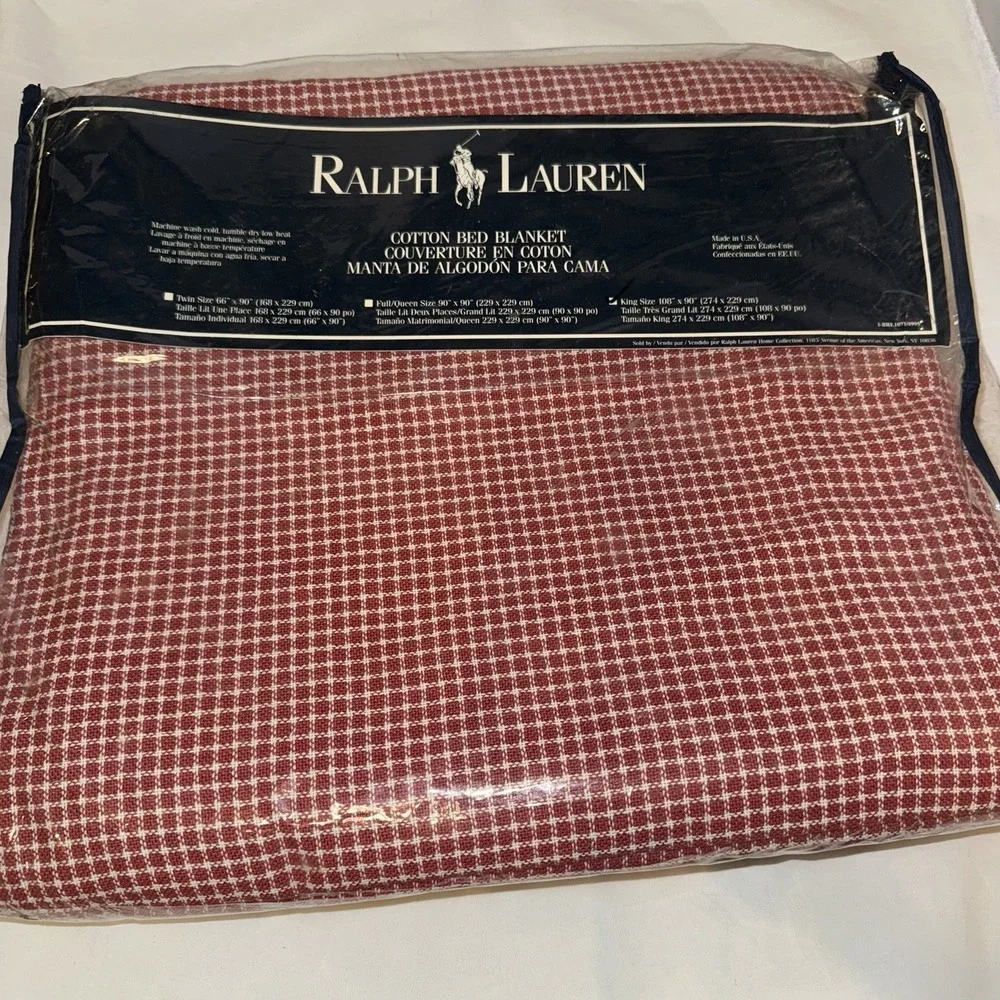 Vintage Polo Ralph Lauren Blanket Red White Gingham 100% Cotton 108x90 King New!